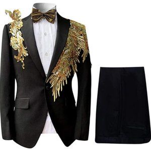 Mens Floral Sequin Embroidered Dress 2 Piece Suit